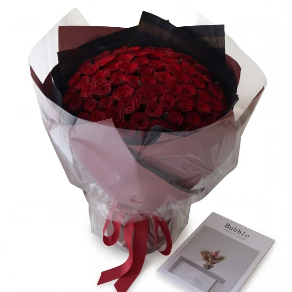 99 premium red roses eternal love mega bouquet A massive luxury bouquet of 99 premium red roses in elegant black and maroon wrapping. The ultimate romantic gift for eternal love delivery in China