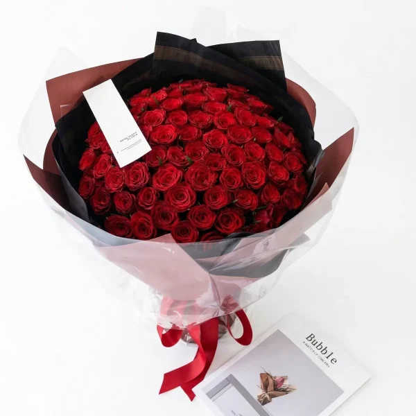 99 premium red roses forever love frontal grand view Full frontal view of the massive 99 premium red rose forever love bouquet without the outer dome, showcasing the grand scale and dense dome of blooms. Perfect for marriage proposals in China.