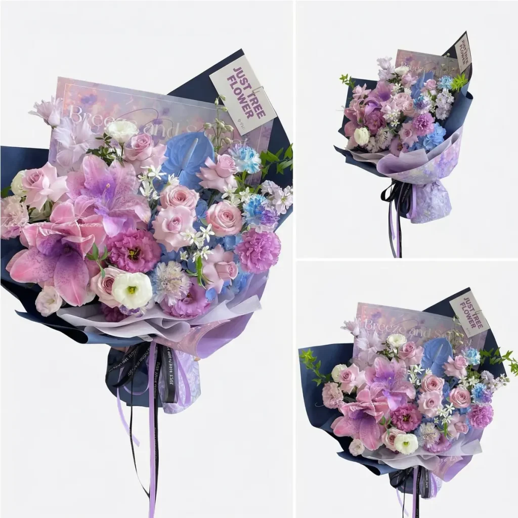 Dreamy Purple Lily & Rose Bouquet Dreamy purple Oriental lilies and roses bouquet with artistic navy wrapping for premium China flower delivery.