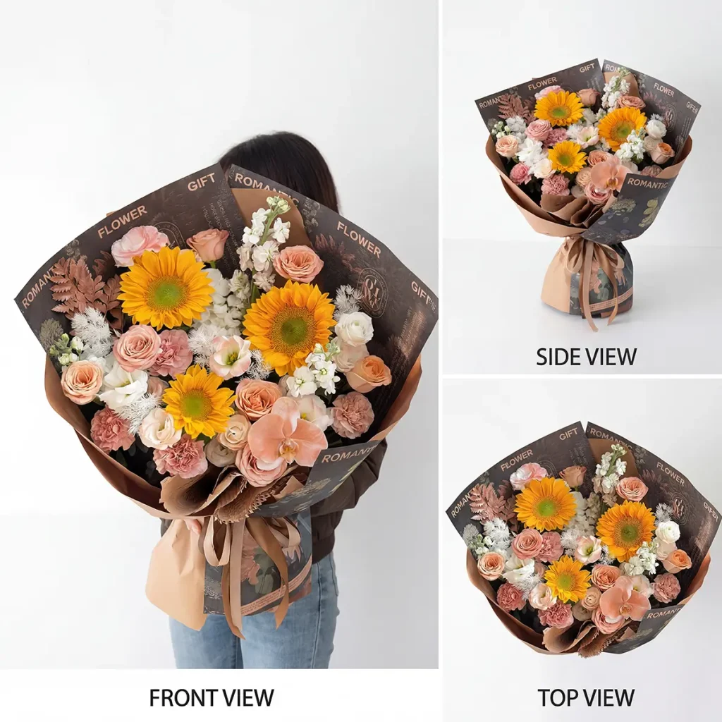 Retro Romance: Sunflower & Cappuccino Rose Luxury Bouquet 优质咖啡卡布奇诺玫瑰、鲜艳的向日葵和蜜桃色蝴蝶兰,为中国提供手工鲜花速递服务。