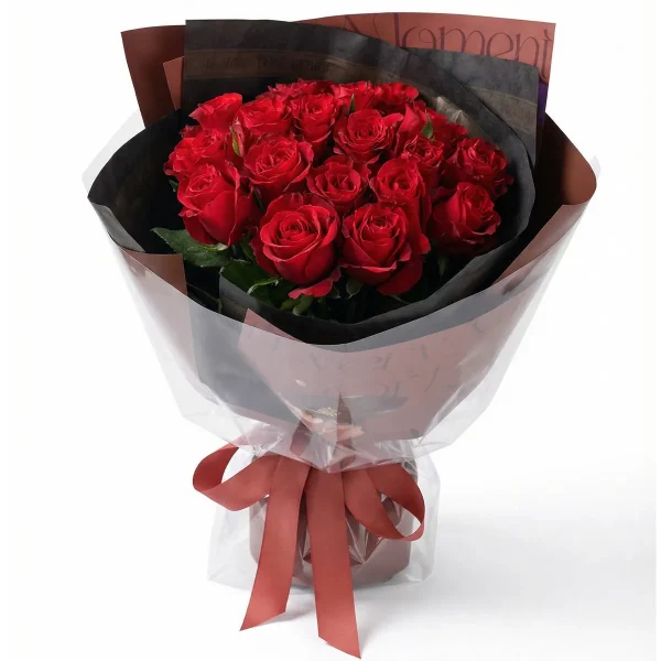 classic 19 red roses forever love bouquet china A classic bouquet of 19 premium red roses wrapped in elegant dark brown paper with a vibrant red ribbon. Perfect for expressing forever love in China.