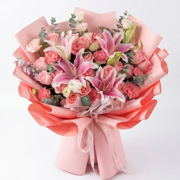 elegant pink lily carnation bouquet main china A lush bouquet of premium pink oriental lilies and carnations in elegant pink wrapping. The perfect floral gift for Mother's Day delivery in China.
