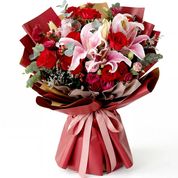 luxury red rose pink lily bouquet main A majestic luxury bouquet featuring premium red roses and pink oriental lilies in royal red and gold wrapping. Grand gift for China delivery.