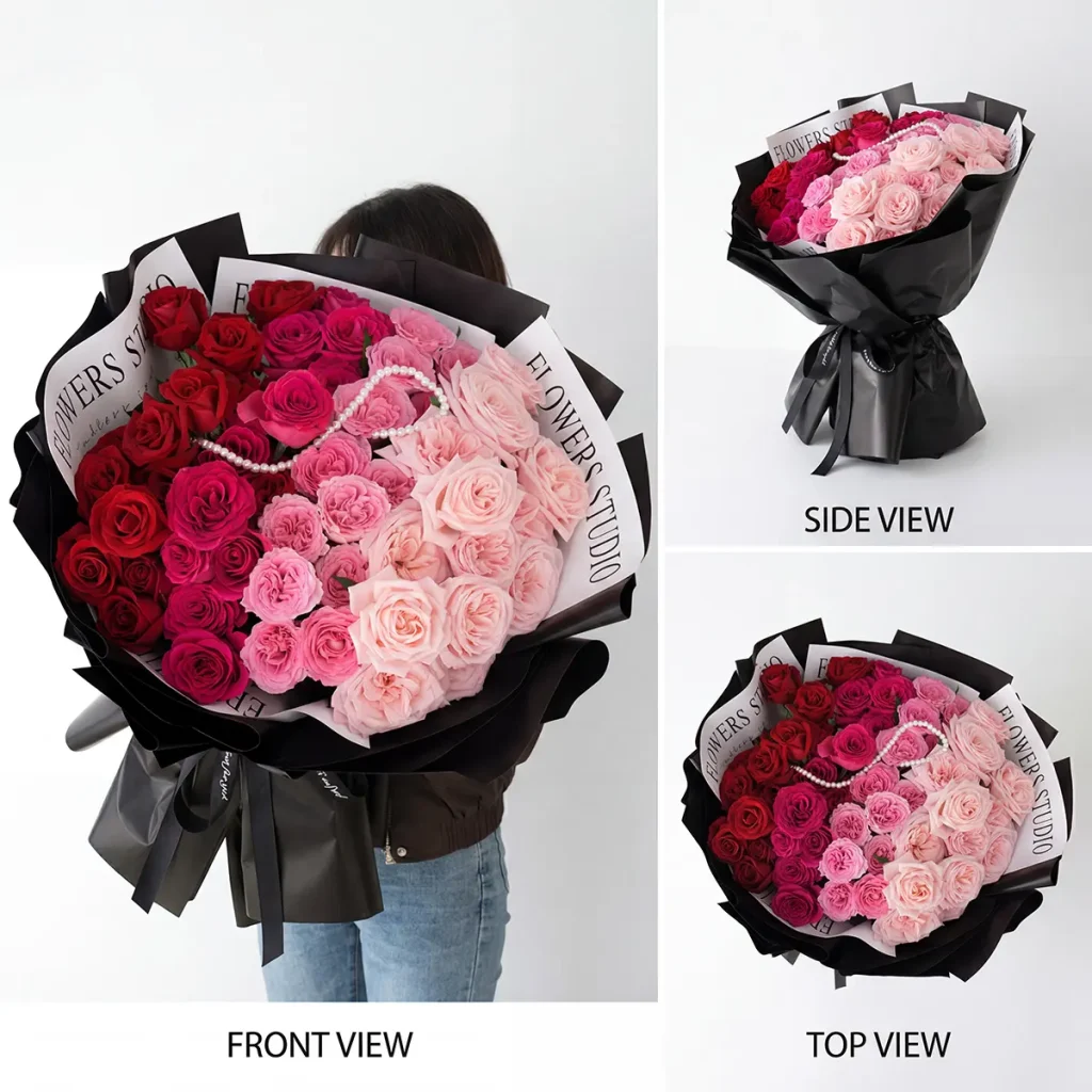 Pink Ombre Rose & Pearl Necklace Luxury Bouquet - China Haute couture pink ombre rose bouquet featuring gradient petals and a luxury pearl necklace for premium China delivery.