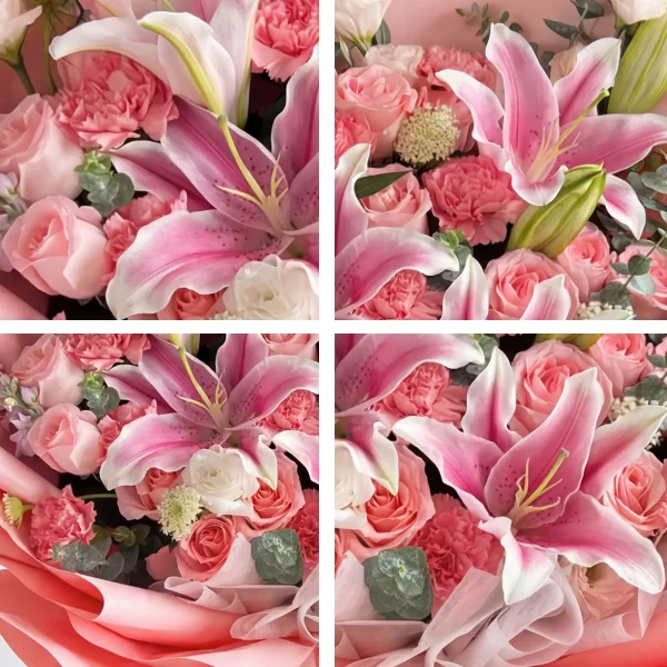 pink carnation and rose detail close up flower delivery Detailed close-up showing the fresh textures of pink oriental carnations, soft pink roses, and eucalyptus leaves in a romantic bouquet. Ideal for Mother's Day flower delivery in China.