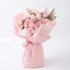 pink carnation rose bouquet side profile Side perspective of the pink carnation bouquet, highlighting the professional layered wrapping and the signature "Flowers Every Day" ribbon.