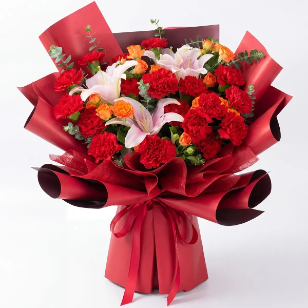 prosperous red lily carnation bouquet main A grand bouquet of red carnations, pink lilies, and orange spray roses in luxury maroon wrapping. Ideal for festive celebrations and birthdays in China.