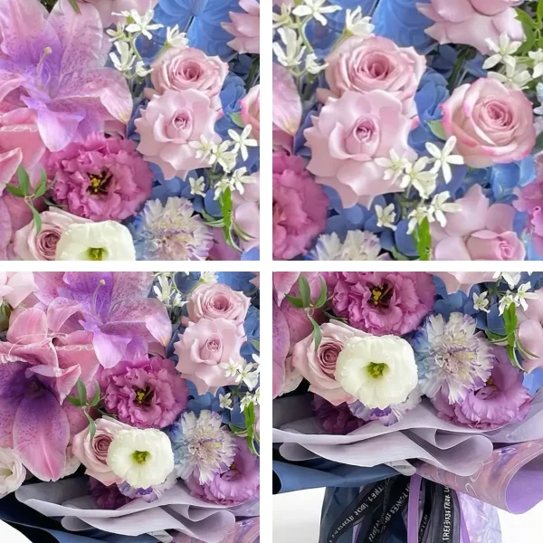 purple lily and rose details fresh china flowers Close-up of fresh pink lilies and purple roses, showing the vibrant petals and high-quality floral arrangement by professional China florists.
