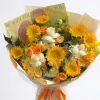 radiant joy sunflower orange rose bouquet main Frontal view of a vibrant bouquet featuring golden sunflowers, orange spray roses, and white roses in "Be With You" themed wrapping.
