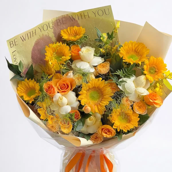radiant joy sunflower orange rose bouquet main Frontal view of a vibrant bouquet featuring golden sunflowers, orange spray roses, and white roses in "Be With You" themed wrapping.