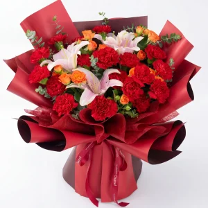 red carnation lily bouquet top angle red carnation lily bouquet top angle