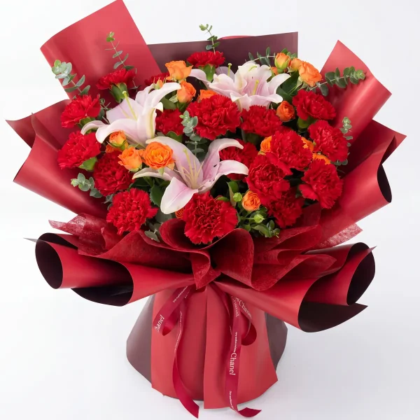 red carnation lily bouquet top angle red carnation lily bouquet top angle