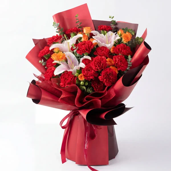 red lily carnation orange rose bouquet side view Side view showcasing the multi-layered maroon wrapping, elegant ribbon, and the grand size of the Prosperous Red mixed bouquet for China delivery.