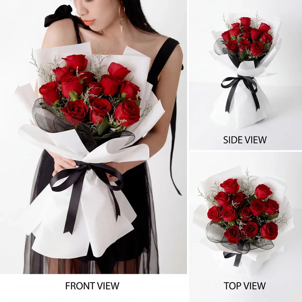 Classic Romance: 11 Premium Red Roses Bouquet - China Chic 11 red roses bouquet in modern black and white wrapping for premium gift delivery in China.