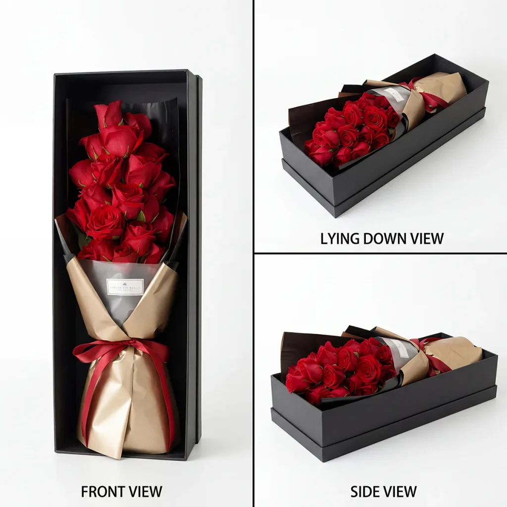 Eternal Elegance: 19 Red Roses Luxury Gift Box - China Detailed close-ups of velvet red rose petals and the gold wrapping texture inside the luxury box for premium China flower delivery.