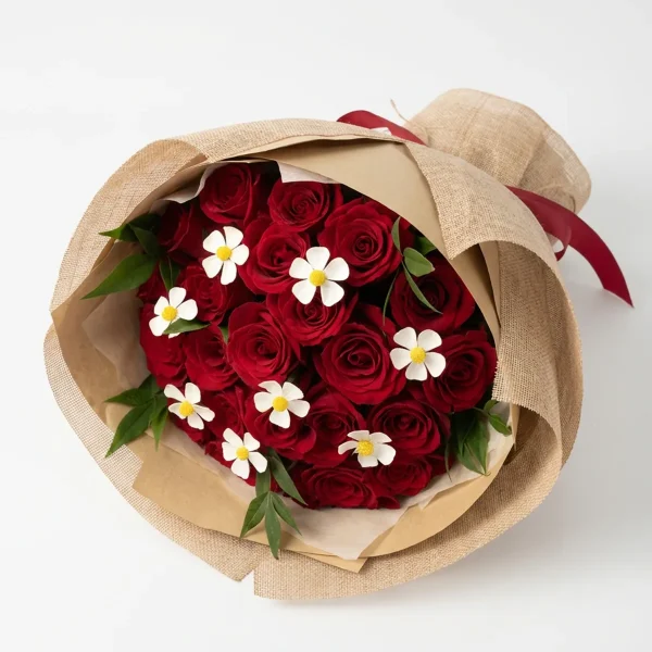 red rose daisy details fresh flowers china A rustic bouquet of premium red roses accented with white daisies, wrapped in natural kraft paper with a red ribbon. Perfect for flower delivery in China.
