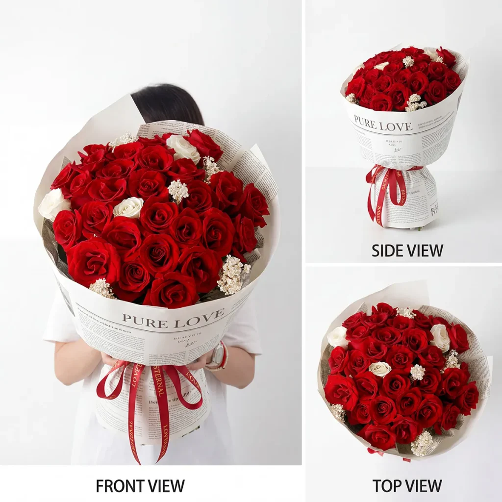 Eternal Flame: 33 Premium Red Roses Classic Bouquet - China Detailed macro photography of 33 premium red roses with vintage newspaper wrapping for China gift delivery.