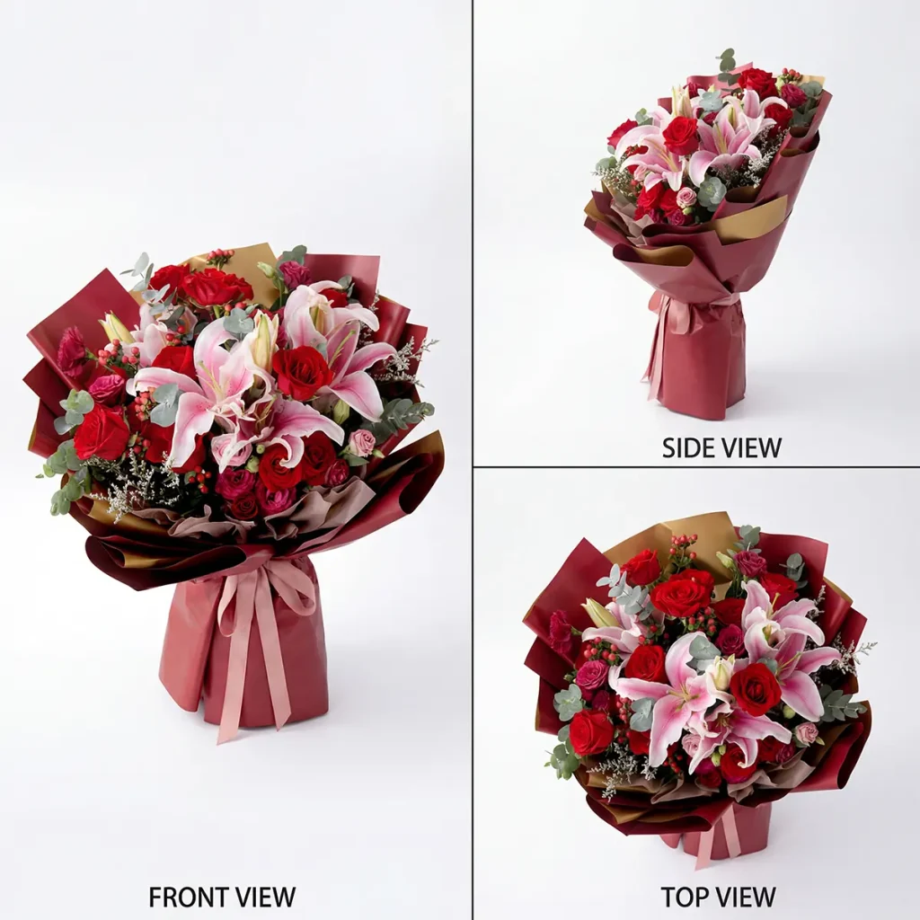 Grand Royal: Red Rose & Pink Lily Luxury Bouquet - China Detailed close-ups from different angles showing the velvet petals of red roses and the fresh textures of oriental lilies.