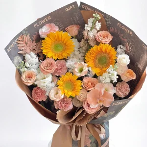 retro romance sunflower cappuccino rose bouquet Frontal view of the Retro Romance luxury bouquet with sunflowers, cappuccino roses, and peach orchids for China delivery.