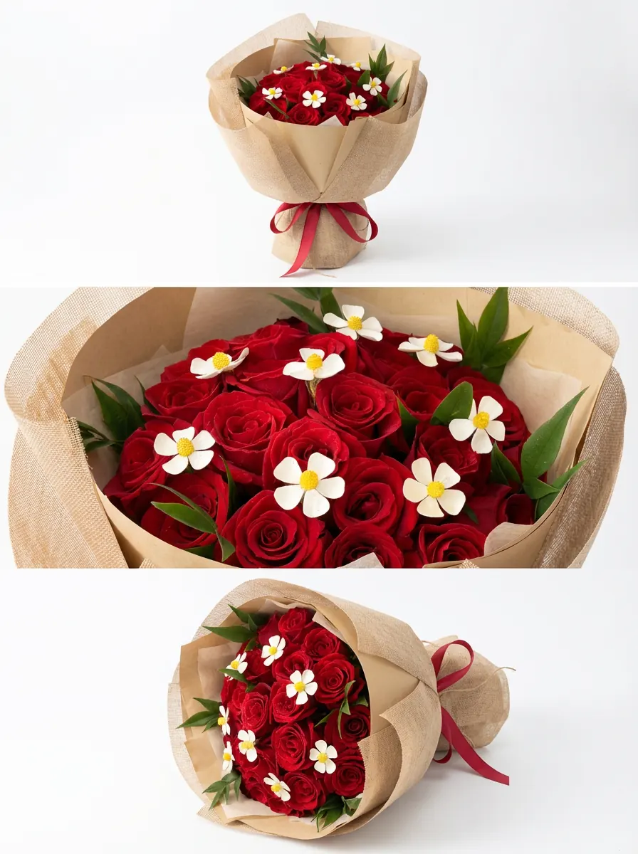 Rustic Romance: Red Rose & White Daisy Bouquet Rustic red rose and white daisy bouquet in eco-friendly kraft wrapping for professional China flower delivery.