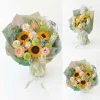 sunflower gift arrangement packaging style china Side view of the sunflower bouquet featuring the professional, refreshing green-themed wrapping paper and satin ribbons. An elegant gift presentation for China delivery.