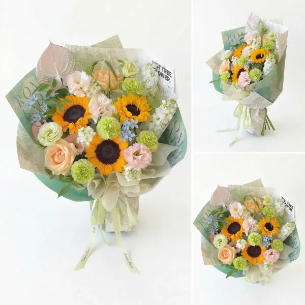 sunflower gift arrangement packaging style china Side view of the sunflower bouquet featuring the professional, refreshing green-themed wrapping paper and satin ribbons. An elegant gift presentation for China delivery.