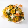 sunflower orange rose bouquet side view Side perspective of the sunflower bouquet, highlighting the champagne-colored layered wrapping and artistic orange ribbon.