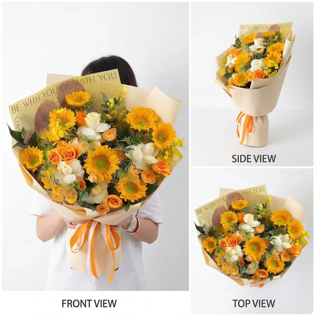 Radiant Joy: Vibrant Sunflower & Orange Rose Bouquet Vibrant sunflower and orange spray rose bouquet in premium champagne wrapping for same-day China delivery.