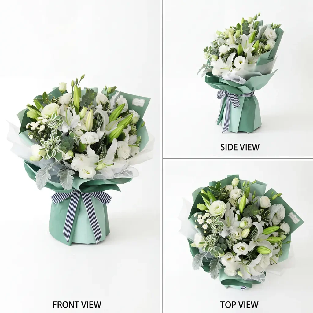 Pure Elegance: White Lily & Rose Mixed Bouquet - China Delivery Elegant white Oriental lilies and roses in modern mint green wrapping for premium China flower delivery.