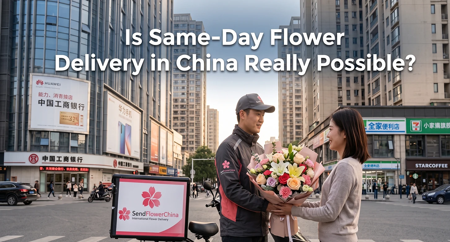 Is Same-Day Flower Delivery in China Really Possible? Same-day flower delivery in China courier handing fresh bouquet to customer by SendFlowerChina